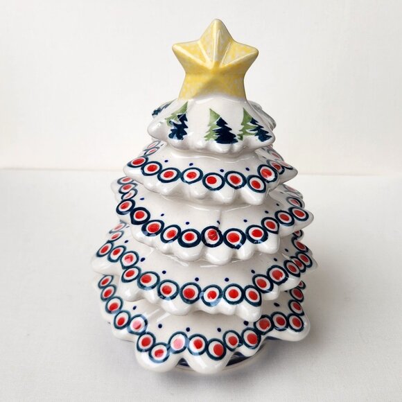Boleslawiec Polish Pottery Peacock Pattern Christmas Tree w/Star Figurine Statue - Picture 2 of 6